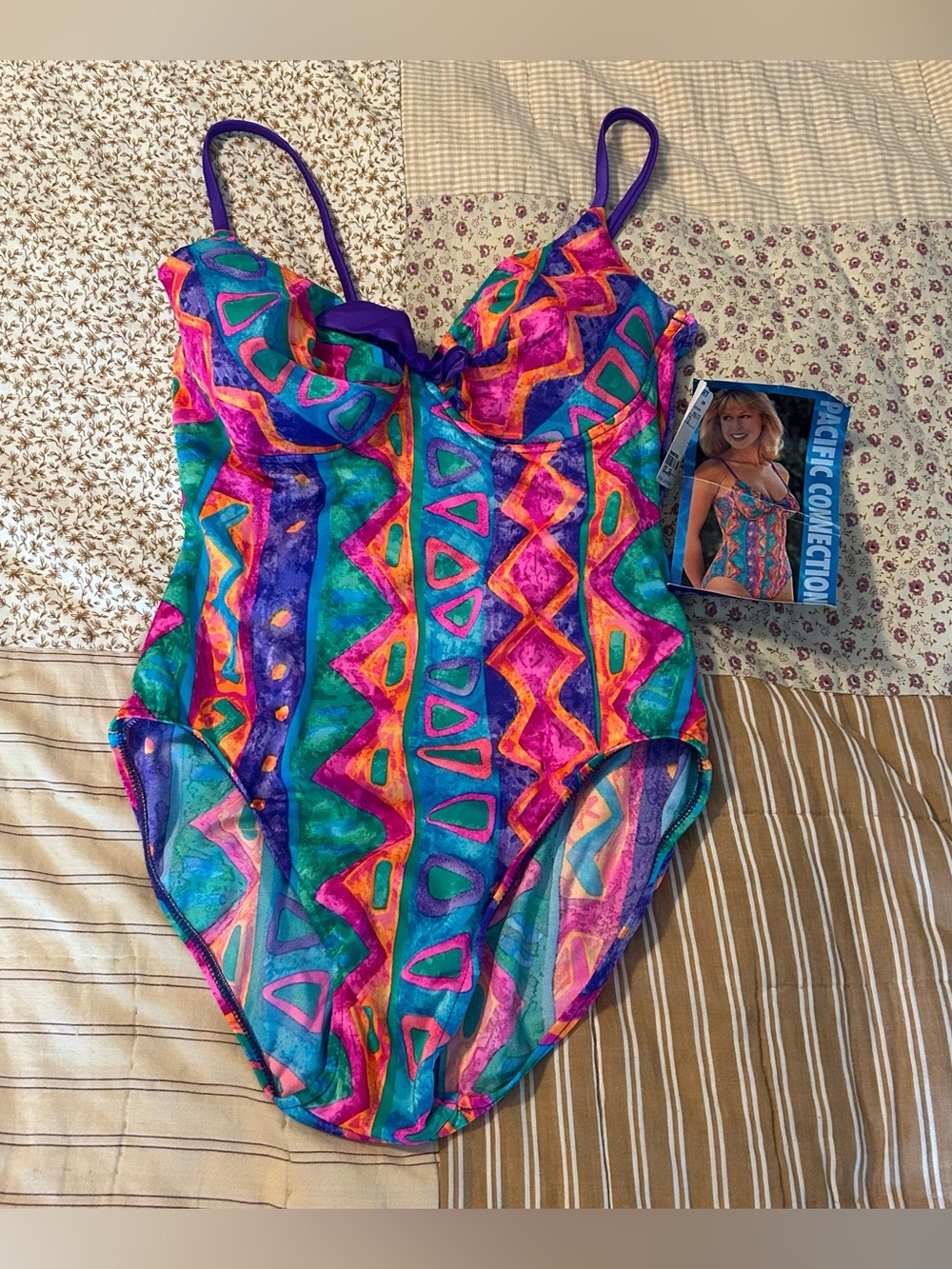 NEW vintage pacific connection geometric one piece swimsuit size 12